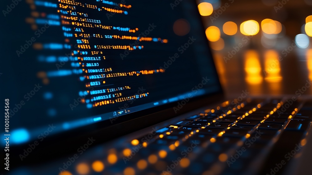 Fototapete close up computer engineering writing programming code in database on laptop keyboard to protect and blocking spam email from internet and hacker for smart technology concept : Generative AI