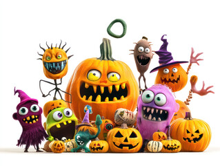 Fototapeta premium A colorful group of cartoonish monster characters and pumpkins, featuring playful Halloween motifs and whimsical designs.