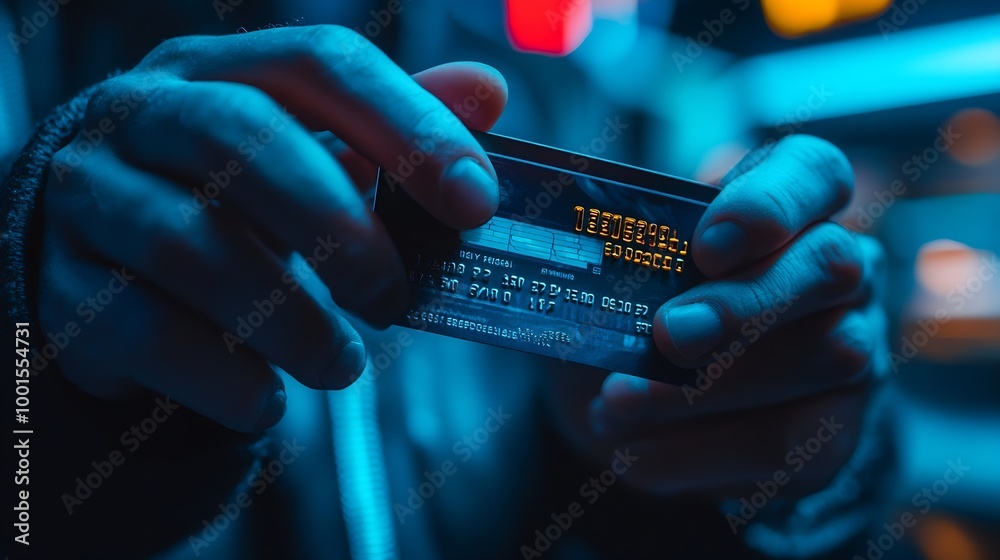 Poster Cropped hands image in criminal anonymous male approaching credit card of personal information database for codding encryption scam program in privacy system at night at blue neon ligh : Generative AI