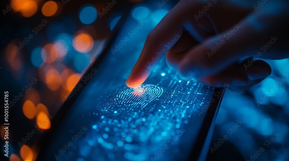 Fototapete Cyber security network Data protection Business man using mobile phone for digital banking with fingerprint biometric network security technology cloud computing data encryption cybers : Generative AI