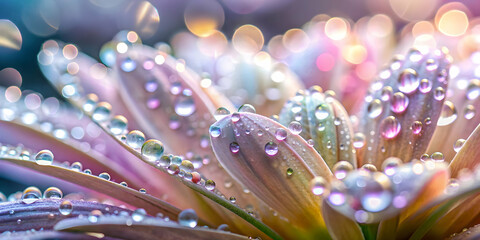 Dew-Kissed Petals: A mesmerizing close-up of a flower's petals adorned with glistening dewdrops, bathed in soft, ethereal light.  The image evokes a sense of serenity and natural beauty.