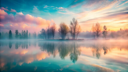 Serene Sunrise: A tranquil lake reflects the vibrant colors of a breathtaking sunrise, as mist dances around a small island with bare trees, creating a sense of peace and renewal. 