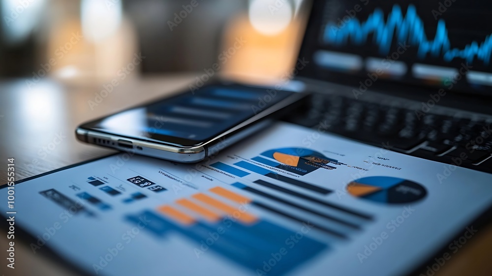 Aufkleber business documents  with smart phone and laptop computer and graph financial with social network diagram : Generative AI