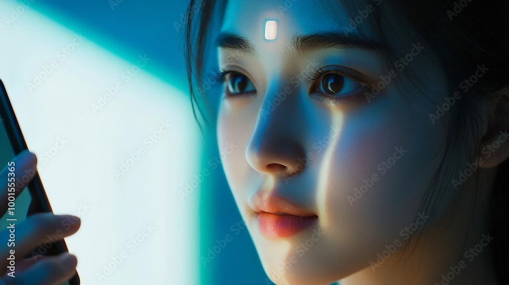 Aufkleber asian using mobile smartphone scanning face id to unlock phone security access with facial recogniti