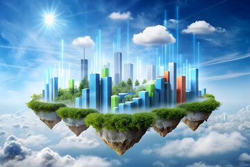 Fototapeta premium Floating City of Progress: A vibrant, futuristic metropolis thrives on a lush, floating island amidst a breathtaking sky, symbolizing sustainable growth and technological innovation. 