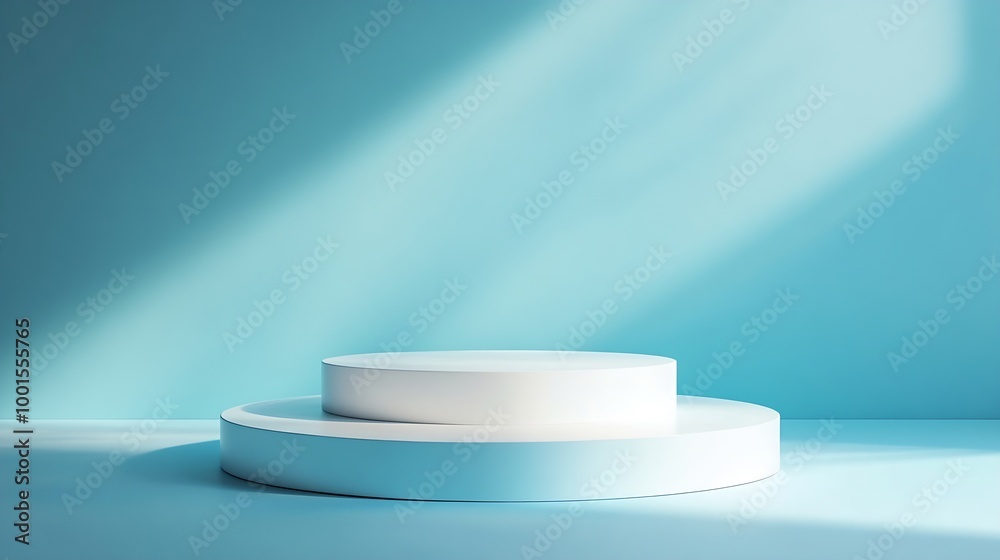 Aufkleber Abstract empty white podium with geometric shadows on blue background Mock up stand for product presentation 3D Render Minimal concept Advertising template : Generative AI