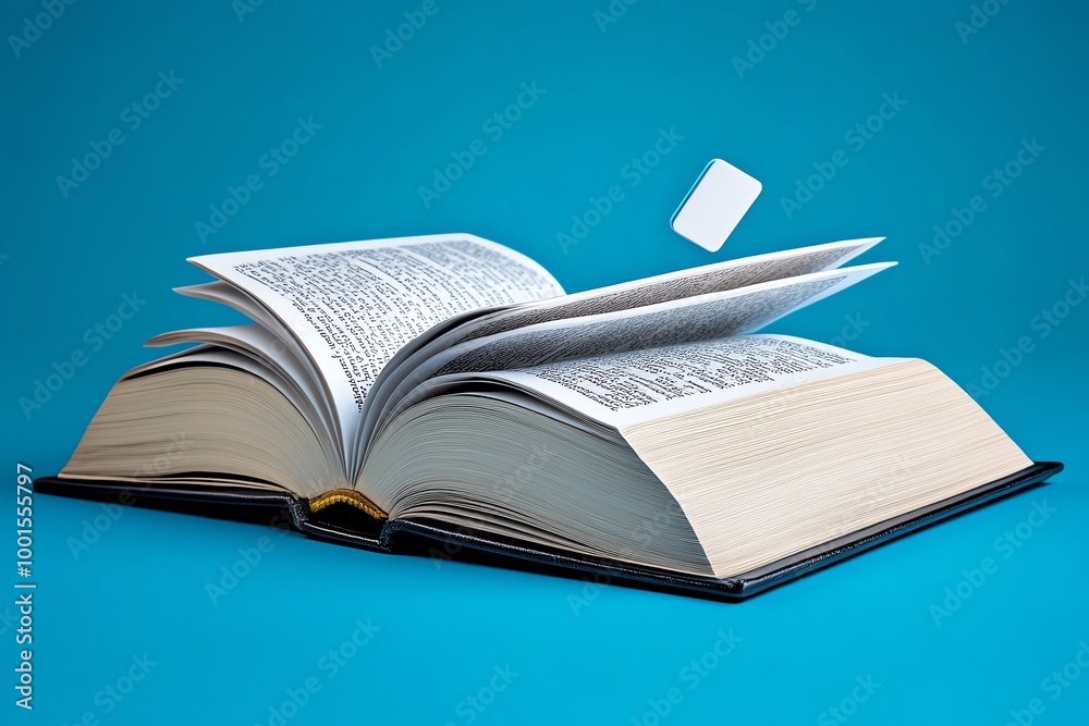 Poster simple book icon, with a clean design of an open book and a single bookmark standing out