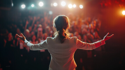 A female public speaker holds at her hands, speaking motivating to a large crowd at a convention politician