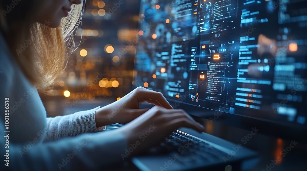 Poster Hands person and typing on keyboard for research information and data with system technology Woman screen and overlay with coding or software update and programming or upgrade on cyber : Generative AI
