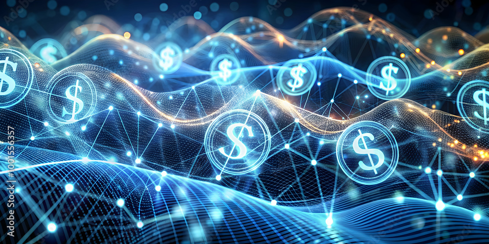 Poster digital currency flow: abstract visualization of a dynamic financial network with glowing dollar sig