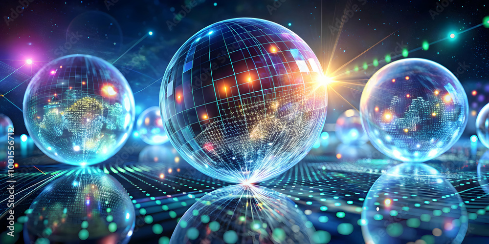 Poster global network of ideas: a mesmerizing abstract visualization of interconnected spheres, each glowin