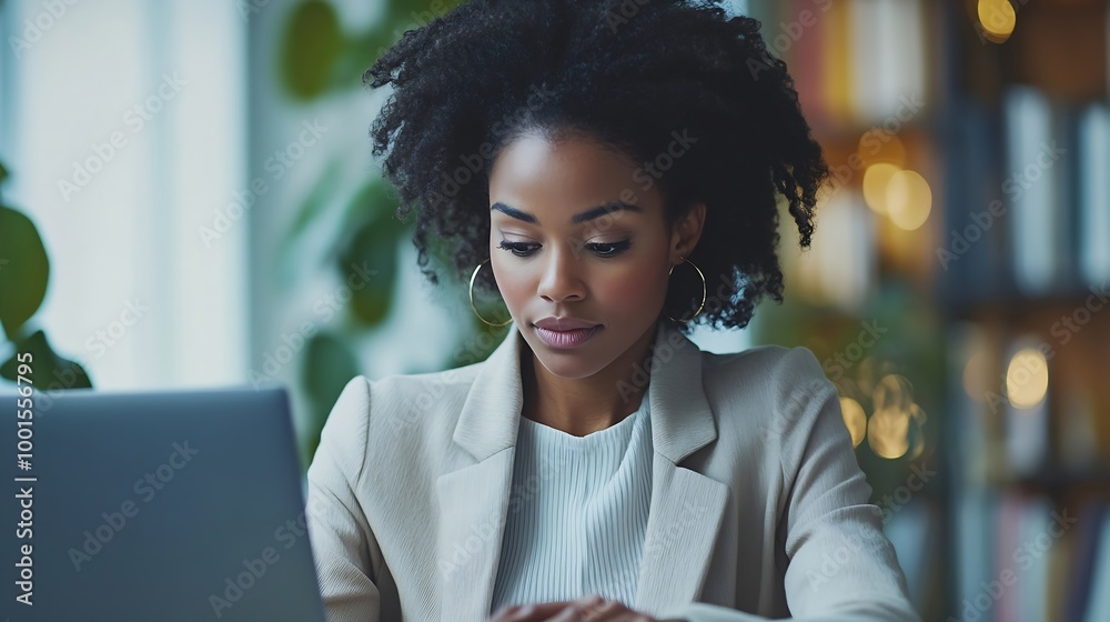 Poster Young African American business woman sitting at working desk in office using laptop computer browsing online banking website updating personal details and taking notes in notebook : Generative AI