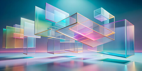 Abstract Glass Prisms: A mesmerizing arrangement of vibrant, translucent glass prisms,  suspended in a blue and pink gradient backdrop, creating a dynamic and ethereal visual experience.