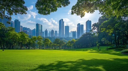 Obraz premium Public park and highrise buildings cityscape in metropolis city center Green environment city and downtown business district in panoramic view : Generative AI