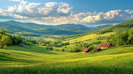Obraz premium panorama of beautiful countryside of romania sunny afternoon wonderful springtime landscape in mountains grassy field and rolling hills rural scenery : Generative AI