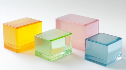set of transparent acrylic blocks in different sizes and colors, arranged on the right side of an all-white