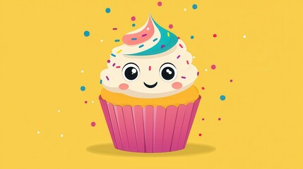 A cute cupcake smiles joyfully with colorful frosting and playful sprinkles, brightening the day