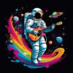 Naklejka premium rock concert poster astronaut playing guitar bright flashes content created with generative AI software.