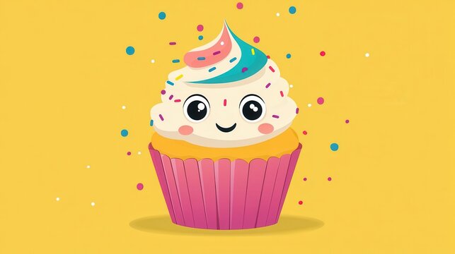 A cute cupcake smiles joyfully with colorful frosting and playful sprinkles, brightening the day