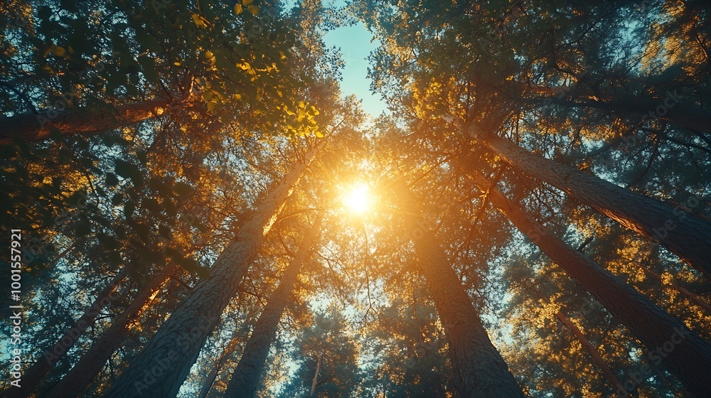 Poster Spring Sun Shining Through Canopy Of Tall Trees Woods Sunlight In Forest Summer Nature Upper Branches Of Trees Background Nobody Environment concept : Generative AI