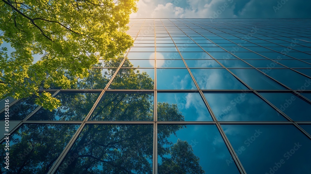 Poster sustainable green building ecofriendly building sustainable glass office building with tree for redu