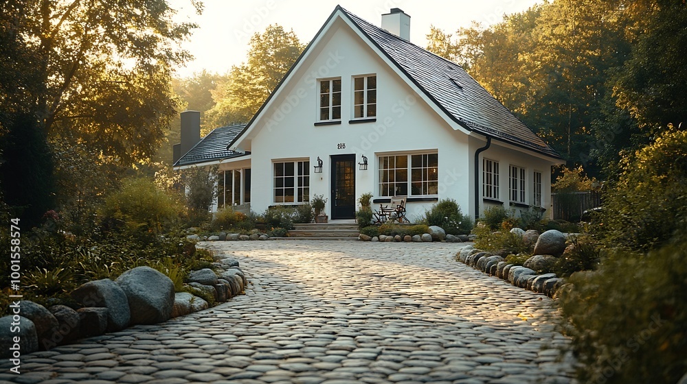 Poster White simple family house with cobblestone entry pathway : Generative AI