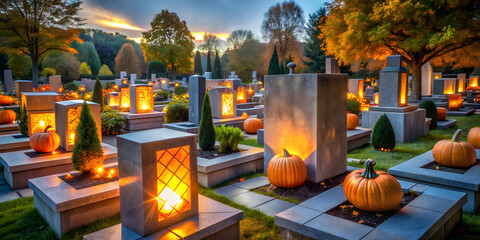 Autumnal Cemetery:  The soft glow of candlelight illuminates a peaceful cemetery, where pumpkins and fallen leaves create a serene and slightly eerie atmosphere.