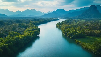 Beautiful natural scenery of river in southeast Asia tropical green forest  with mountains in background aerial view drone shot : Generative AI