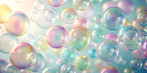 Rainbow Bubbles in the Sky: Dreamy, iridescent soap bubbles float against a pastel blue sky, bathed in soft sunlight.  A whimsical and enchanting image perfect for backgrounds, websites.