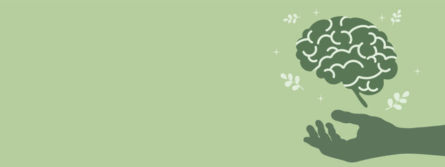 healthy, peaceful and creative brain floating on hand with leaves and stars banner template 