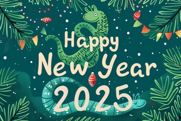 A colorful poster with a snake and leaves on it that says Happy New Year 2025