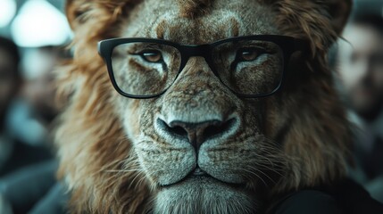 The image focuses on a lion's face, accentuated by glasses, capturing an intense, thoughtful gaze that represents wisdom and introspection, set in a dynamic backdrop.