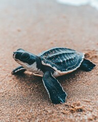 Obraz premium A baby turtle crawling on sandy beach towards the ocean.