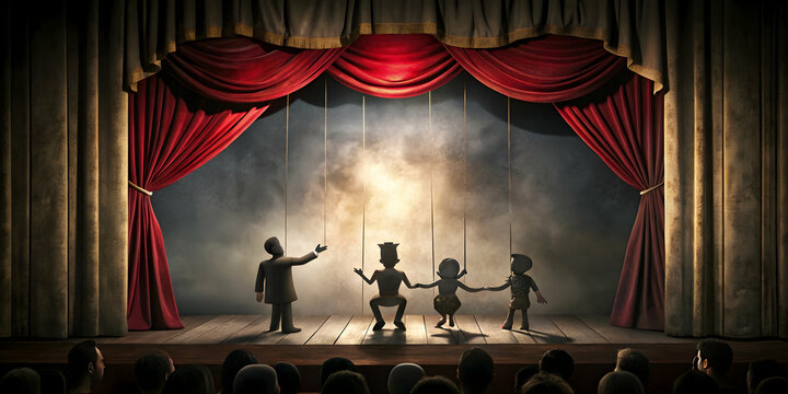 Puppet Show on a Grand Stage: A captivating image of a puppet show unfolding on a grand stage, complete with rich red curtains and a shadowy, atmospheric setting.