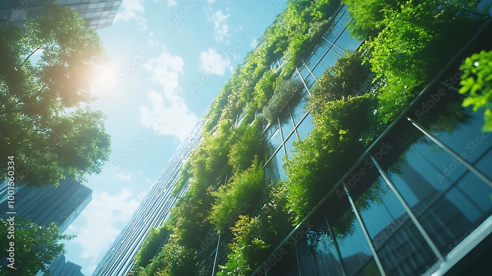 Aufkleber selective focus on tree and eco friendly building with vertical garden in modern city green tree for