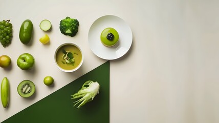 Green Soup, Fruits, Vegetables, and Dessert on White Plate with Minimalistic Background