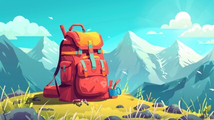 Naklejka premium Time to hike banners, hiking camping adventure concept with backpack, stuff and equipment. Travel trip, outdoors expedition journey, tourism recreation, cartoon modern illustration.