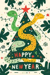 Obraz premium A green tree with two snakes wrapped around it