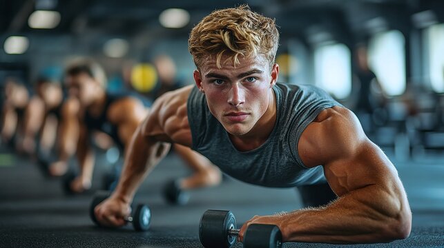 gym workout featuring group dumbbell push-ups for muscle power, strength, and endurance, focusing on fitness conditioning and athletic performance in a high-energy group exercise session