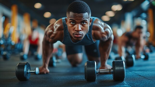 gym workout featuring group dumbbell push-ups for muscle power, strength, and endurance, focusing on fitness conditioning and athletic performance in a high-energy group exercise session