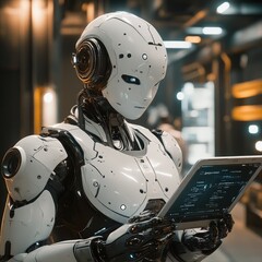 Fototapeta premium AI robot interacting with a tablet, showcasing advanced digital