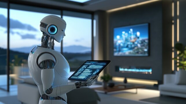 AI robot managing tasks on a tablet, modern smart home with advanced technology features
