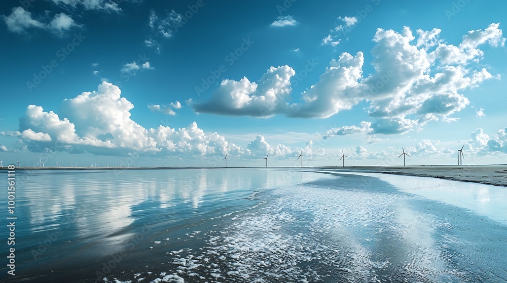 Poster offshore windmill park with clouds and a blue sky windmill park in the ocean aerial view with wind t
