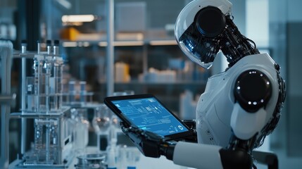 AI robot reading digital documents on a tablet, high-tech laboratory with advanced equipment