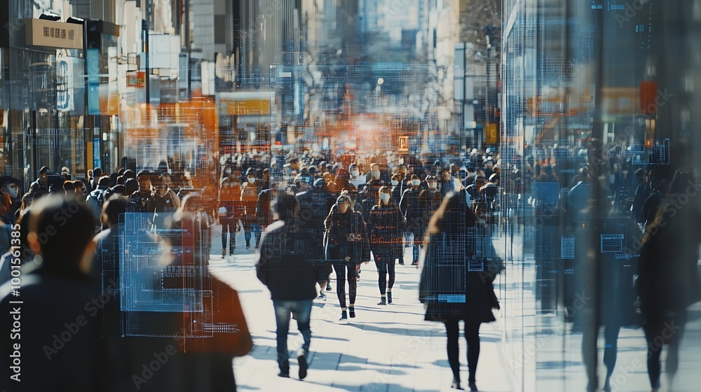 Poster elevated security camera surveillance footage of a crowd of people walking on busy urban city street