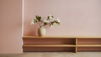 Modern minimalistic room with winter jasmine flowers on a wooden shelf