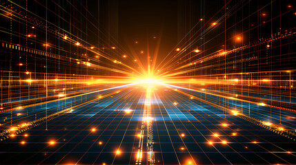 Obraz premium Futuristic digital grid with glowing orange and blue light