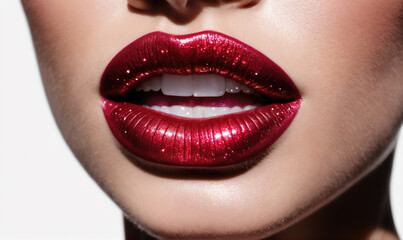 Obraz premium A close-up shot of a woman's mouth, featuring red lipstick with glitter, highlighting her smile and white teeth