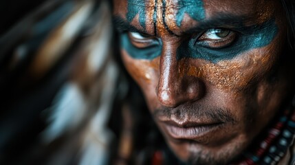 A striking portrait of a man with intricate native face paint, depicting bold colors and an intense expression, evoking a strong emotional and cultural narrative.