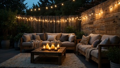 Cozy outdoor seating area with blankets and wine, lit by ambient string lights.
